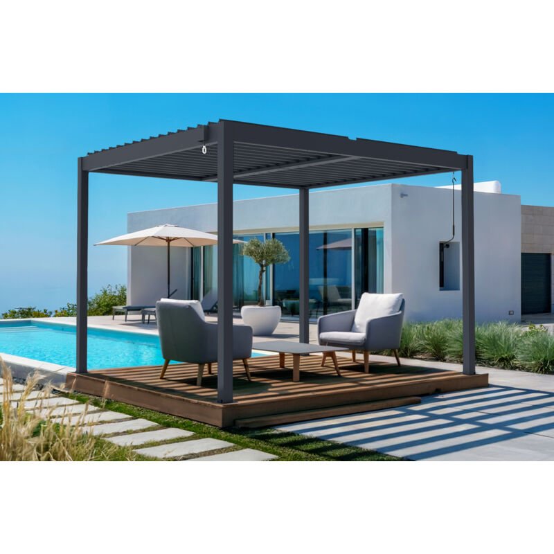 Pergola bioclimatique autoportée PIANA 3x2,5m aluminium gris - lames orientables